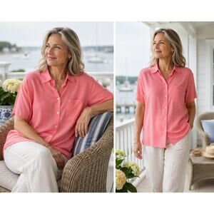 Nexx 100% Silk Pink Button Front Blouse Women's 1X Coastal Grandma Short Sleeve